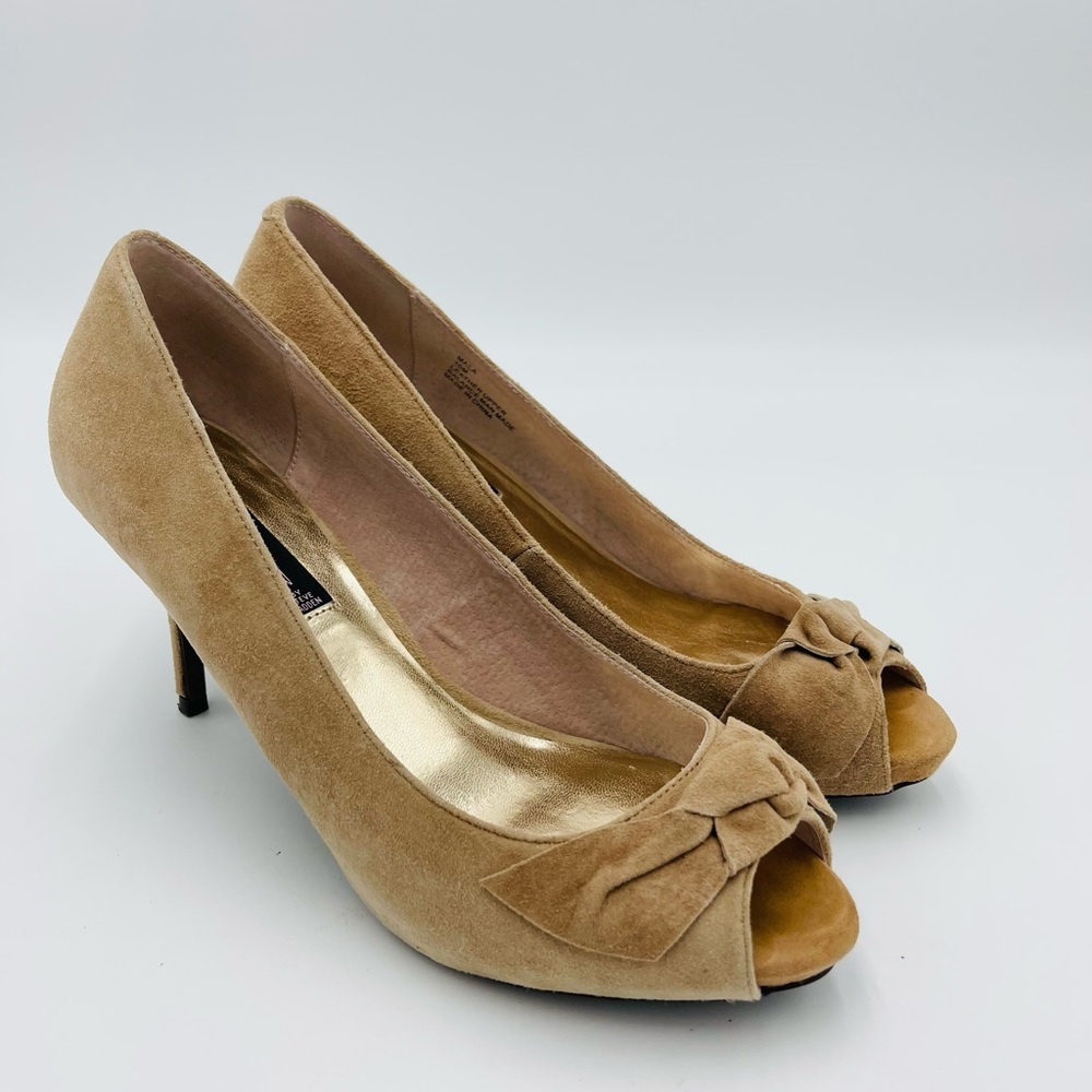 Steven by Steve Madden Mala Tan Leather Suede Bow Open Top Heel Pumps